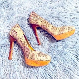 Nine West snakeskin platform cork pumps